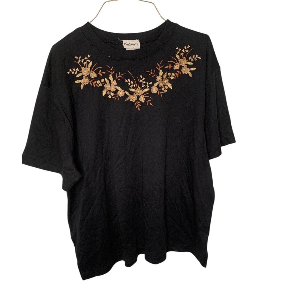 BonWorth Black Floral Embroidered Tee Shirt Size L Petite Short Sleeve